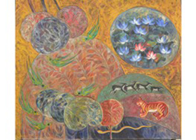 TITLE: LILY POND IN FOREST, ARTIST: DINANATH PATHY, SIZE: 35''X42'', MEDIUM: OIL ON CANVAS